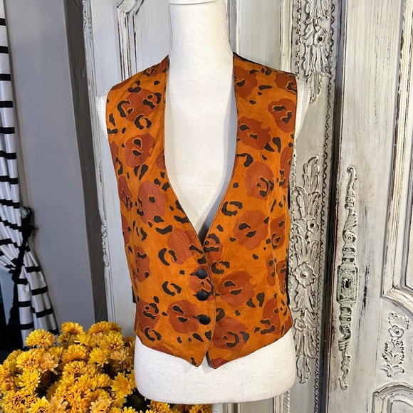 VINTAGE Don’t Stop Pumpkin Orange Leopard Print Suede Vest - Picture 1 of 10